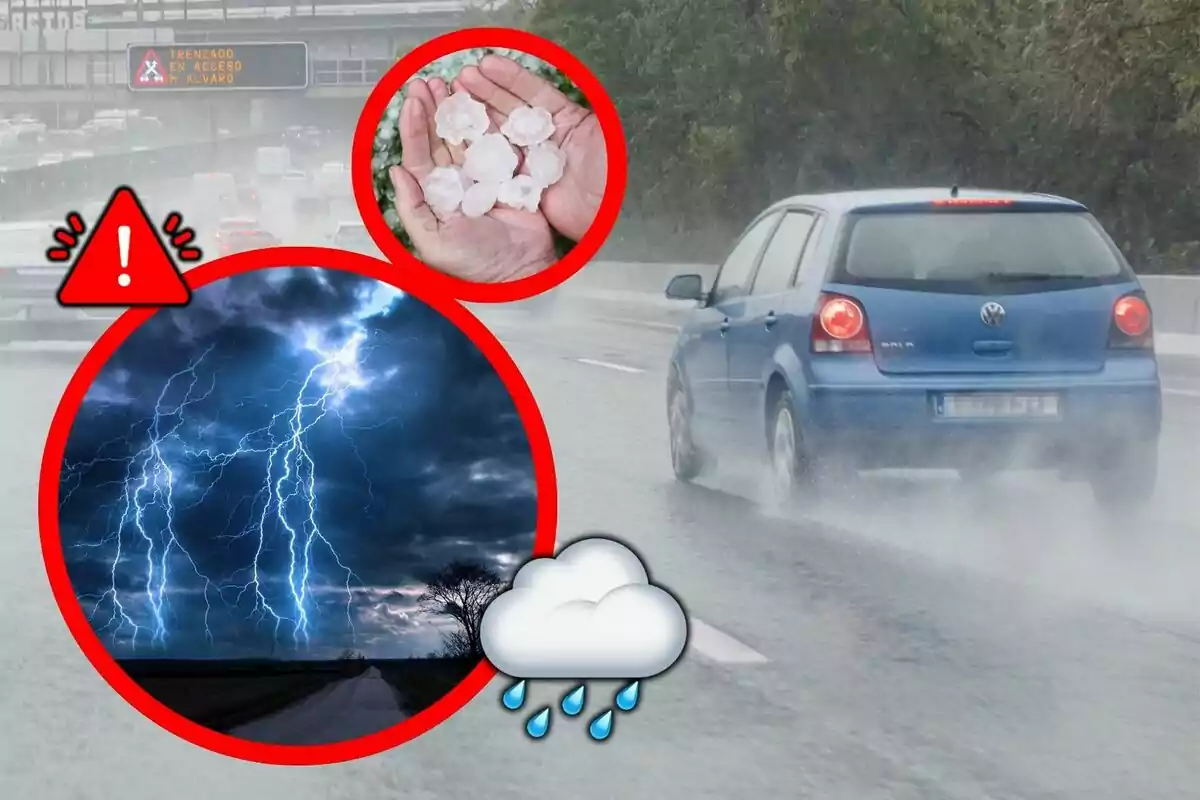 Un coche azul circula por una carretera mojada bajo la lluvia, con advertencias de tormenta eléctrica y granizo representadas en círculos rojos y un ícono de nube con gotas de agua.