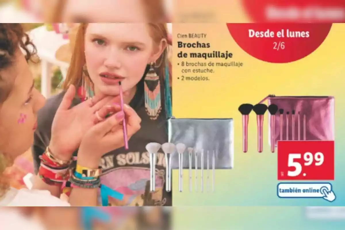 Dos personas usando brochas de maquillaje de Lidl con un anuncio de set de brochas y estuche en oferta por 5.99 euros. Dos personas usando brochas de maquillaje de Lidl con un anuncio de set de brochas y estuche en oferta por 5.99 euros.