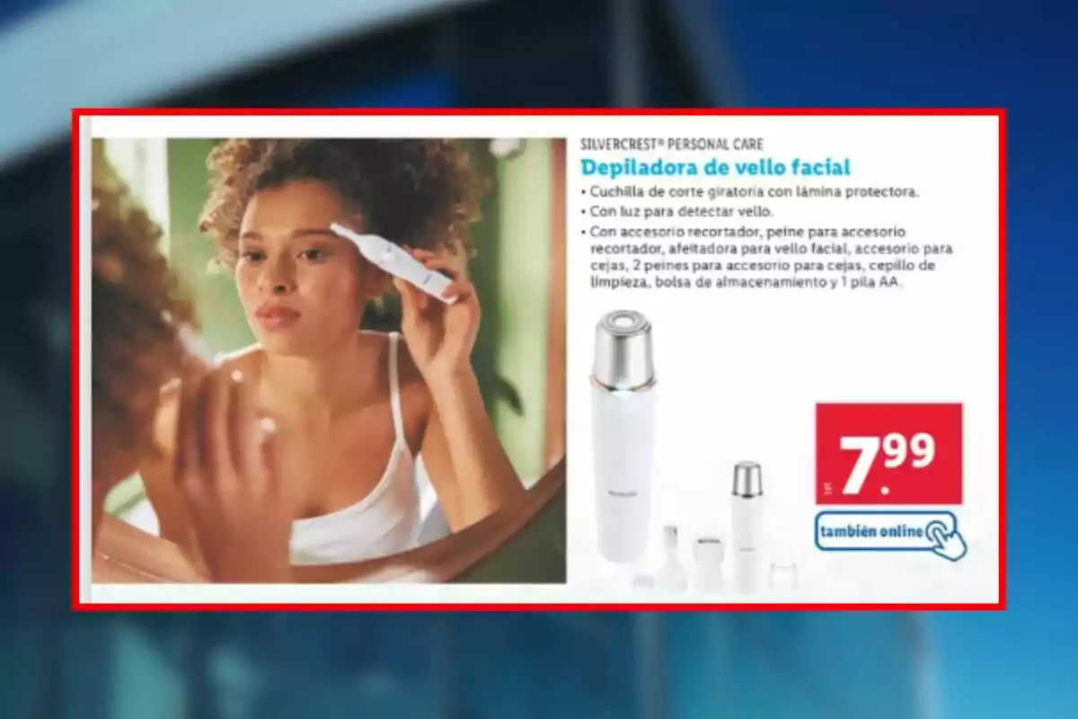 Mujer usando una depiladora facial de Lidl frente al espejo junto a la imagen del producto y su precio en oferta. Mujer usando una depiladora facial de Lidl frente al espejo junto a la imagen del producto y su precio en oferta.