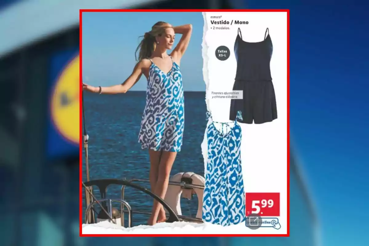 Mujer usando un vestido veraniego azul con blanco junto al mar, al lado se muestran dos prendas más, un mono negro y el mismo vestido en vista frontal, con un precio de 5.99 euros. Mujer usando un vestido veraniego azul con blanco junto al mar, al lado se muestran dos prendas más, un mono negro y el mismo vestido en vista frontal, con un precio de 5.99 euros.