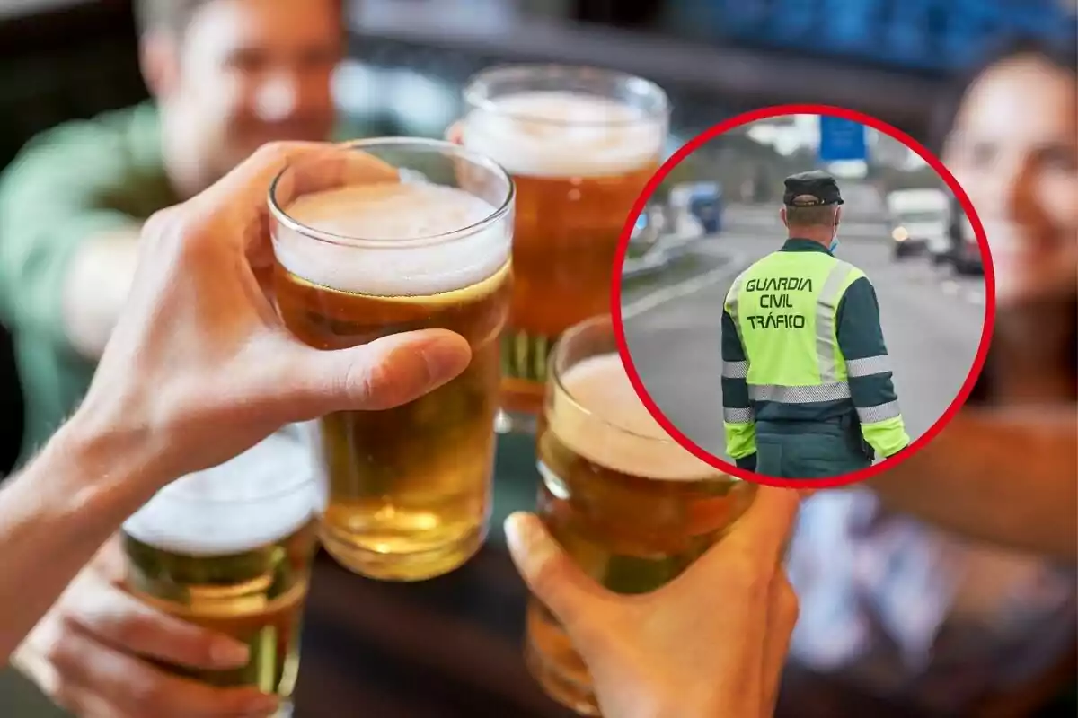 Personas brindando con cervezas y un agente de la Guardia Civil de Tráfico en un recuadro.