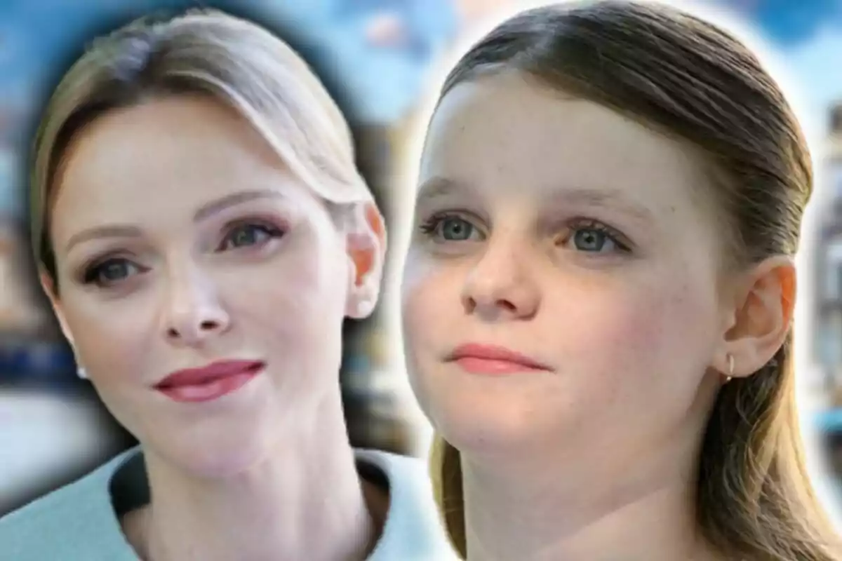 Montaje de fotos de primer plano de Charlene de Mónaco y la princesa Gabriella, ambas con rostro neutro.