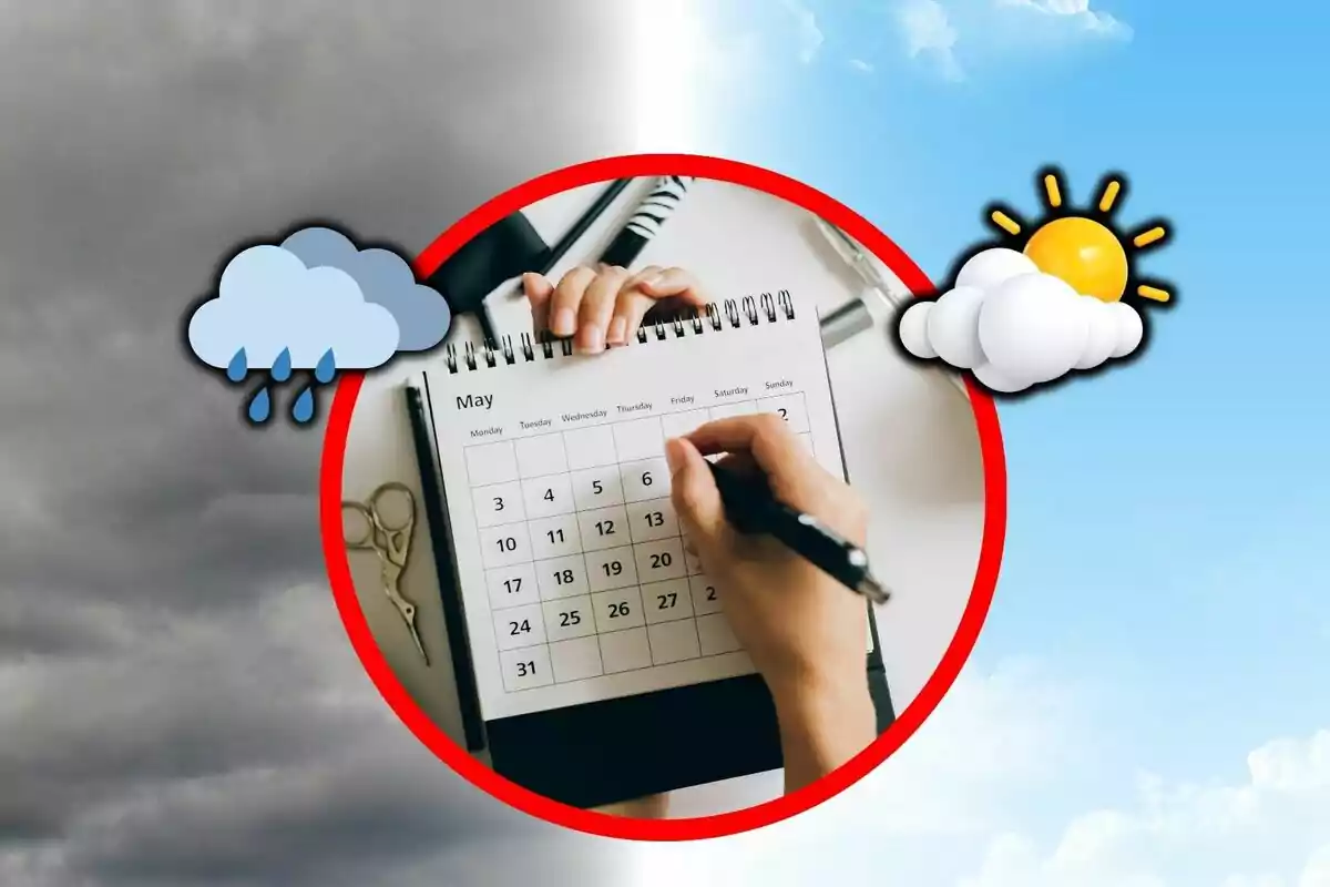 Una mano sostiene un bolígrafo sobre un calendario de mayo, rodeado por un círculo rojo, con un fondo dividido entre nubes oscuras y un cielo soleado. Una mano sostiene un bolígrafo sobre un calendario de mayo, rodeado por un círculo rojo, con un fondo dividido entre nubes oscuras y un cielo soleado.