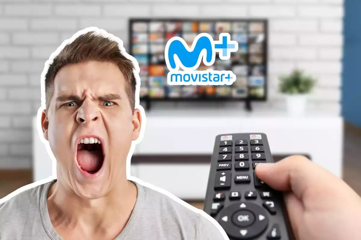 Montaje de fotos de una persona enfadada y, de fondo, una televisión con el logo de Movistar Plus+