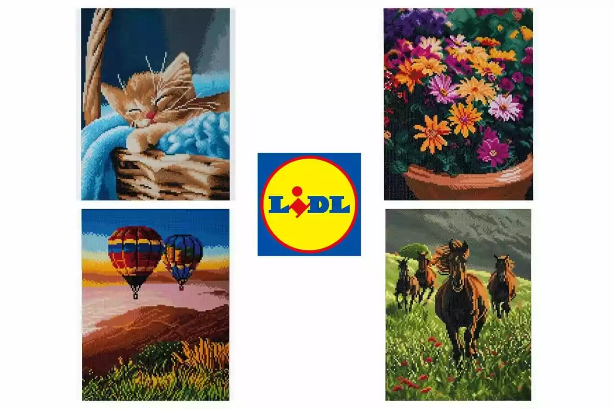 Cuatro imágenes de arte pixelado rodean un logotipo de Lidl en el centro: un gato durmiendo en una cesta, un jarrón con flores coloridas, dos globos aerostáticos sobre un paisaje al atardecer y caballos corriendo en un campo verde. Cuatro imágenes de arte pixelado rodean un logotipo de Lidl en el centro: un gato durmiendo en una cesta, un jarrón con flores coloridas, dos globos aerostáticos sobre un paisaje al atardecer y caballos corriendo en un campo verde.