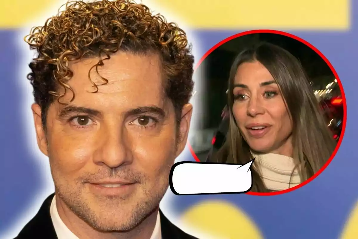 Montaje de fotos de primer plano de David Bisbal con cabello rizado y Elena Tablada en un círculo rojo con un globo de diálogo vacío.