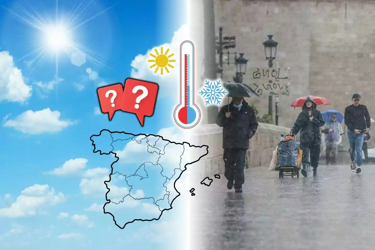 Una imagen dividida muestra un lado soleado con un mapa de España y símbolos de sol y preguntas, mientras que el otro lado muestra personas caminando bajo la lluvia con paraguas. Una imagen dividida muestra un lado soleado con un mapa de España y símbolos de sol y preguntas, mientras que el otro lado muestra personas caminando bajo la lluvia con paraguas.