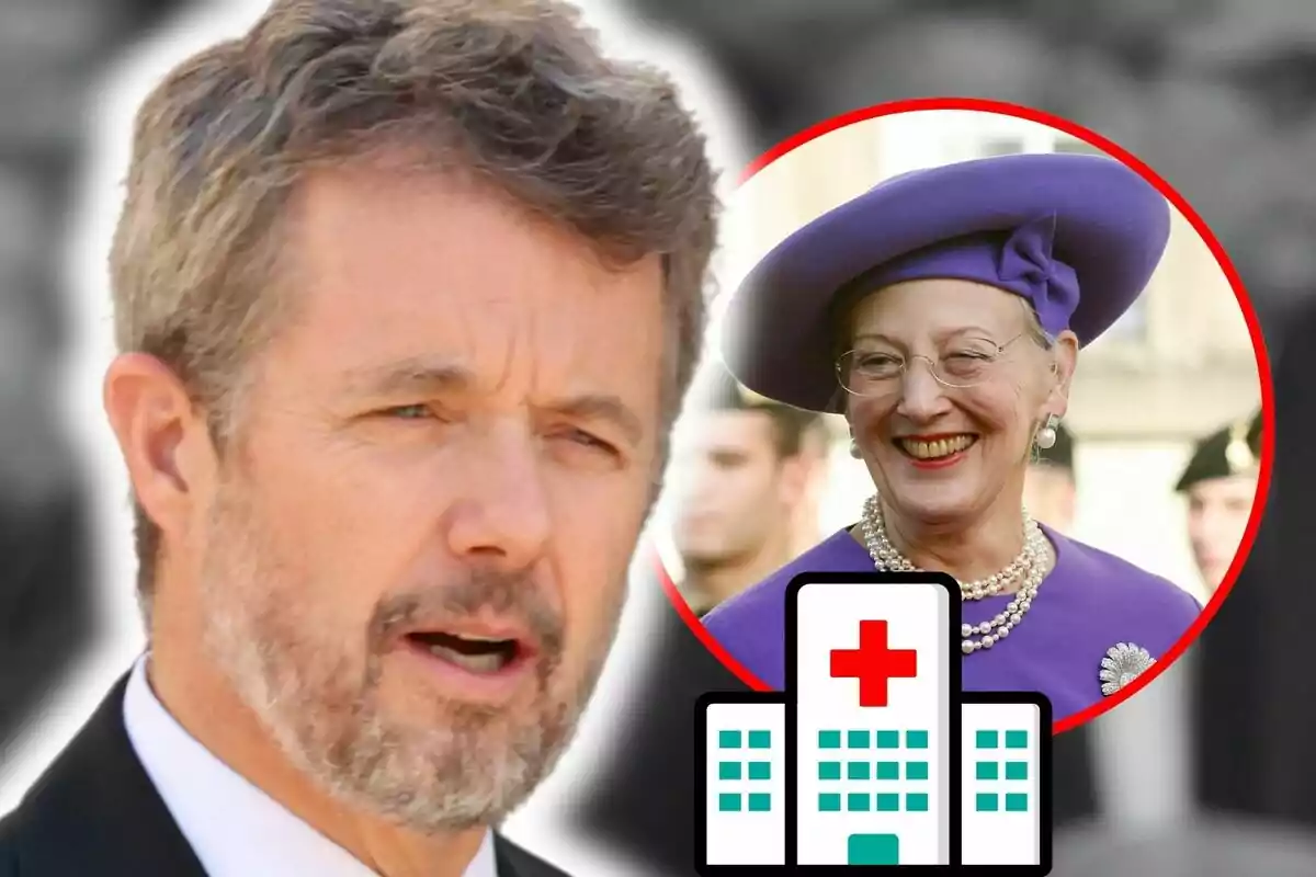 Montaje de fotos de Federico de Dinamarca con barba en primer plano y la reina Margarita con sombrero morado en un círculo rojo en el fondo, junto a un icono de hospital.