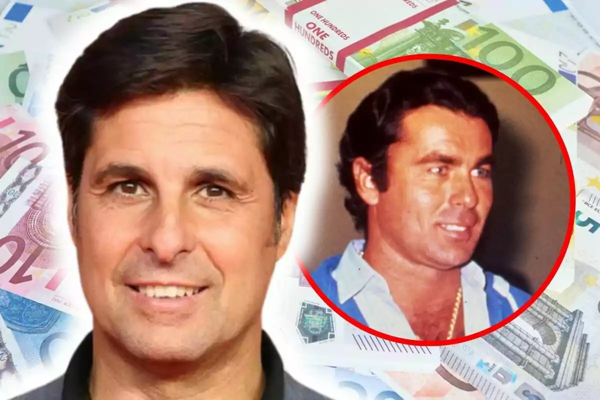 Montaje de fotos de primer plano de Fran Rivera y su padre, Paquirri, ambos con rostro sonriente y billetes de euro de fondo.