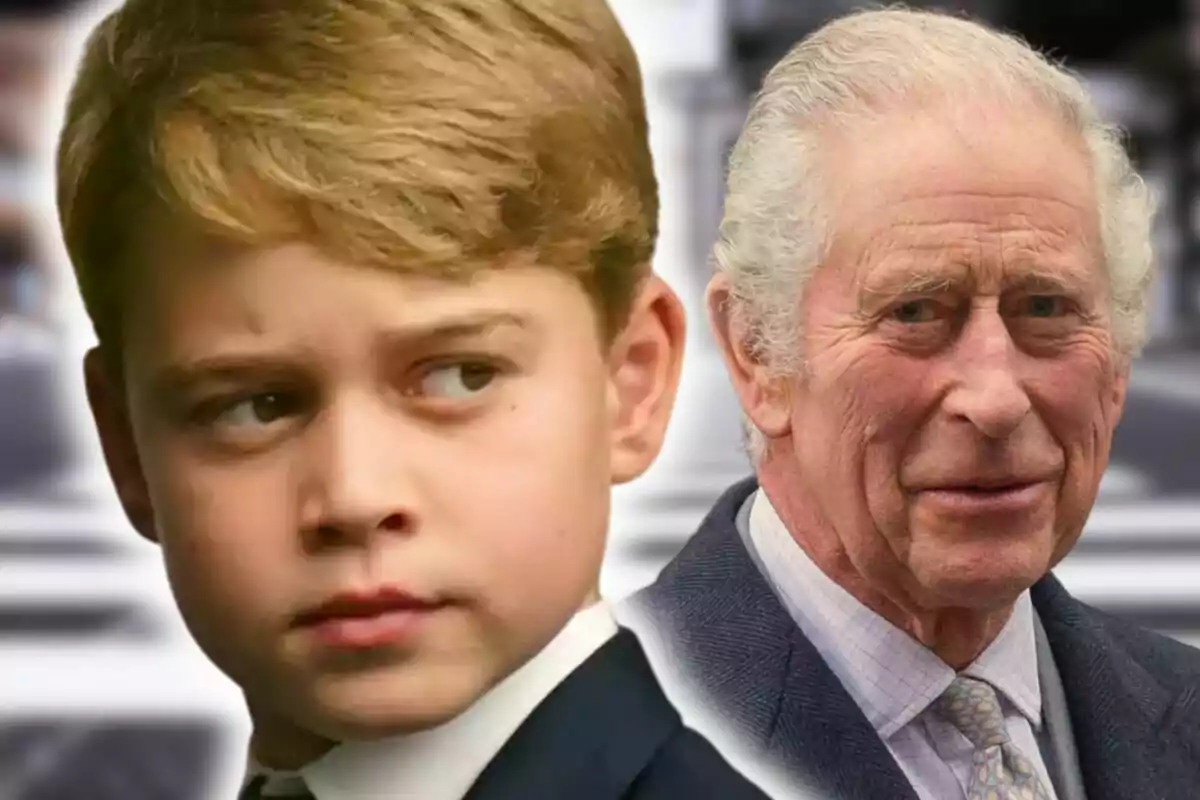 Montaje de fotos de primer plano del príncipe George y Carlos III, ambos con rostro neutro. Montaje de fotos de primer plano del príncipe George y Carlos III, ambos con rostro neutro.