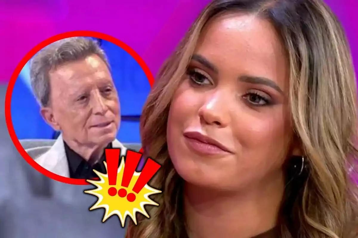 Montaje de fotos de Gloria Camila Ortega con expresión seria en primer plano y al fondo la imagen de José Ortega Cano dentro de un círculo rojo con un gráfico de exclamaciones amarillas y rojas.
