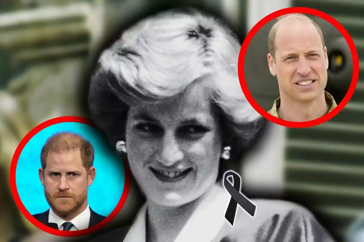 Una imagen en blanco y negro de Lady Di con un lazo negro en la esquina inferior derecha y dos hombres en círculos rojos en la parte superior -los cuales son el príncipe Guillermo y el príncipe Harry-. Una imagen en blanco y negro de Lady Di con un lazo negro en la esquina inferior derecha y dos hombres en círculos rojos en la parte superior -los cuales son el príncipe Guillermo y el príncipe Harry-.