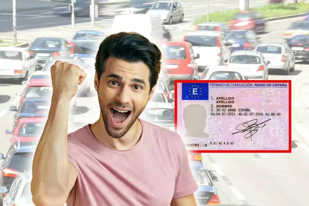 Un hombre celebrando con el puño en alto frente a una imagen de tráfico de coches y una licencia de conducir española.