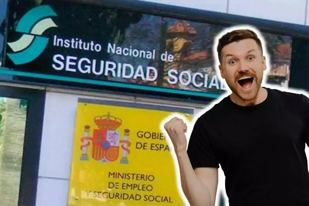 Un hombre emocionado frente a un cartel del Instituto Nacional de Seguridad Social de España.