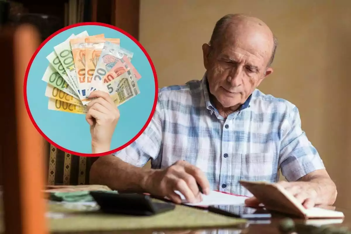 Un hombre mayor sentado en una mesa revisando documentos, con una imagen superpuesta de una mano sosteniendo billetes de euro.