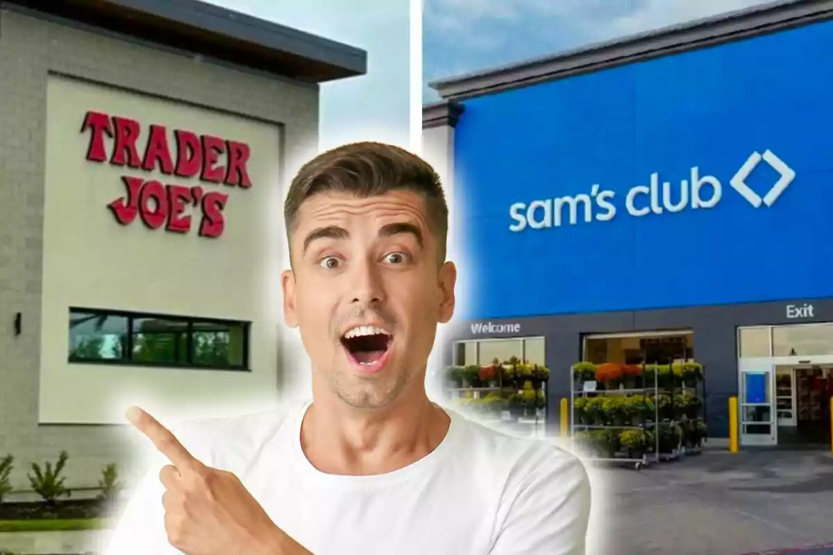 Un hombre sorprendido señala hacia dos tiendas, una de Trader Joe's y otra de Sam's Club.