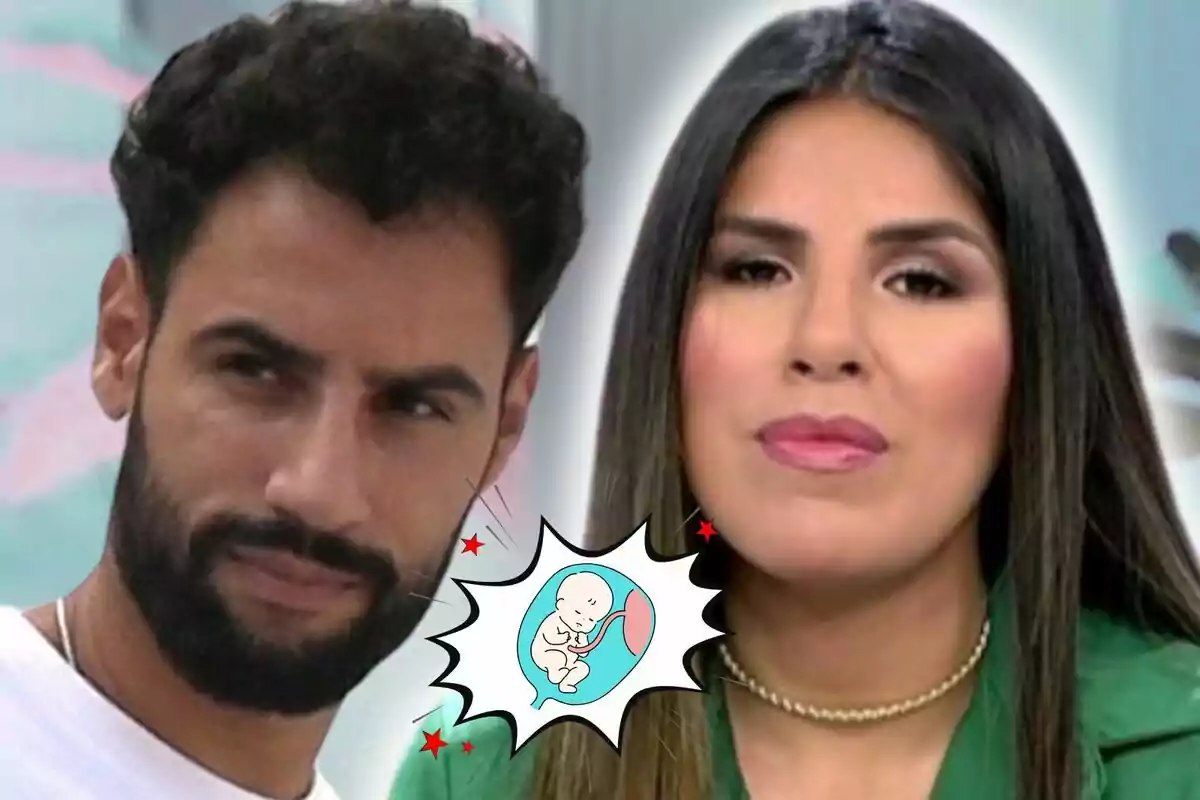 Montaje de fotos de primer plano de Asraf Beno e Isa Pantoja -ambos con rostro serio- con un emoji de un bebé en el centro.