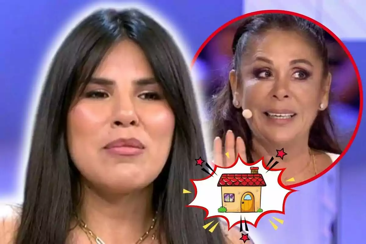 Montaje de fotos de primer plano de Isa Pantoja y su madre, Isabel Pantoja, ambas con rostro serio y un emoji de una casa al lado.