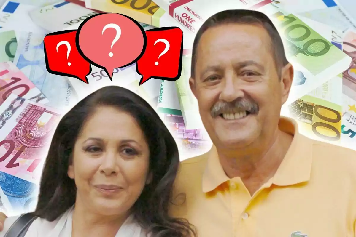 Una pareja, formada por Isabel Pantoja y Julián Muñoz, sonriente aparece frente a un fondo de billetes de euro y dólares, con tres globos de diálogo rojos con signos de interrogación sobre sus cabezas.