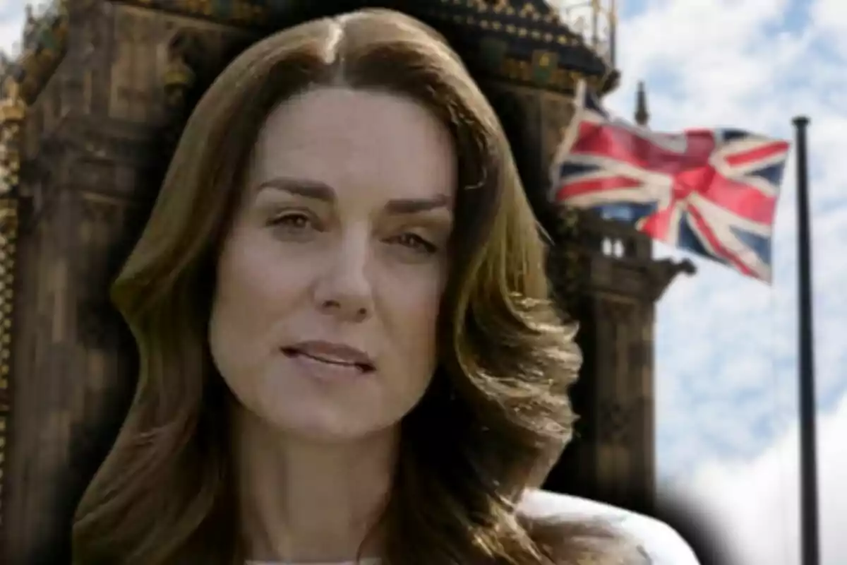 Montaje de fotos de Kate Middleton frente a un edificio histórico con una bandera del Reino Unido ondeando en el fondo.