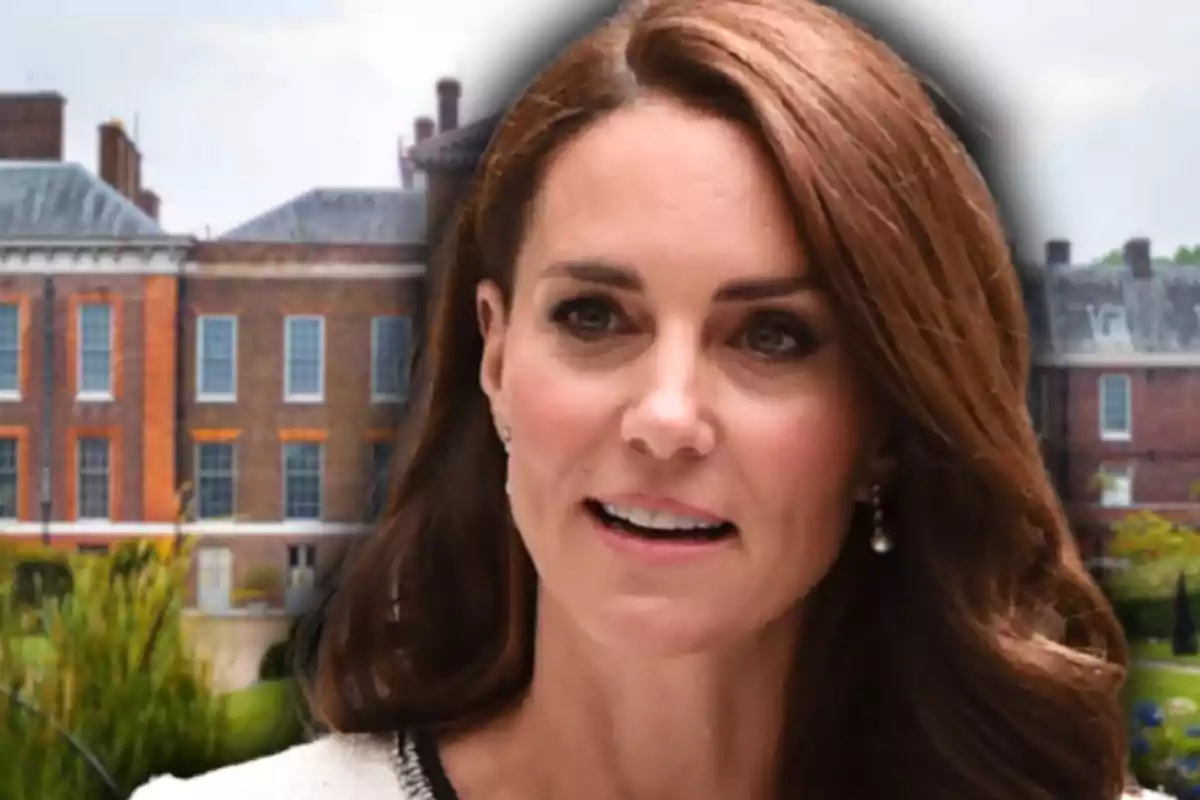 Montaje de fotos de Kate Middleton con cabello castaño y pendientes está frente a una imagen de Kensignton Palace.
