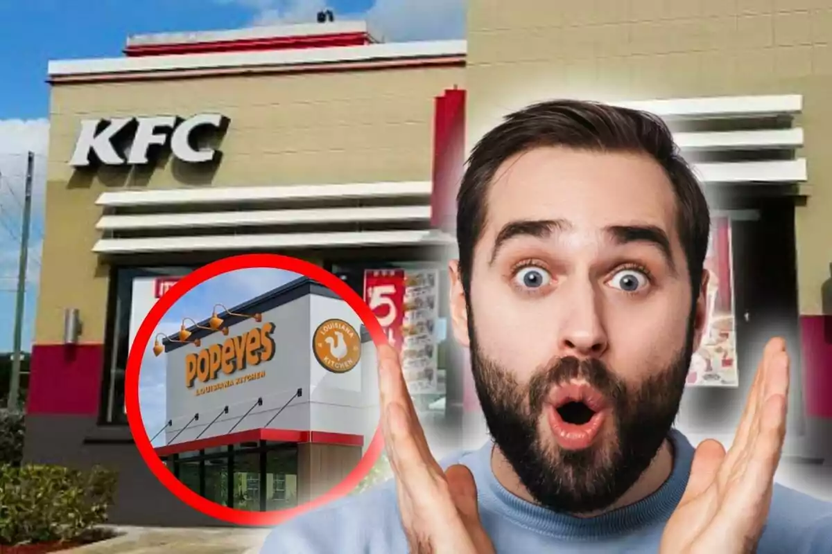 Un hombre con expresión de sorpresa está frente a un restaurante de KFC, con un círculo rojo que destaca un restaurante de Popeyes en la esquina inferior izquierda.