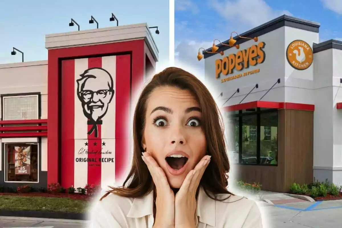 A woman with a surprised expression is at the center of an image showing two fast-food restaurants, one on each side, one is KFC and the other is Popeyes.