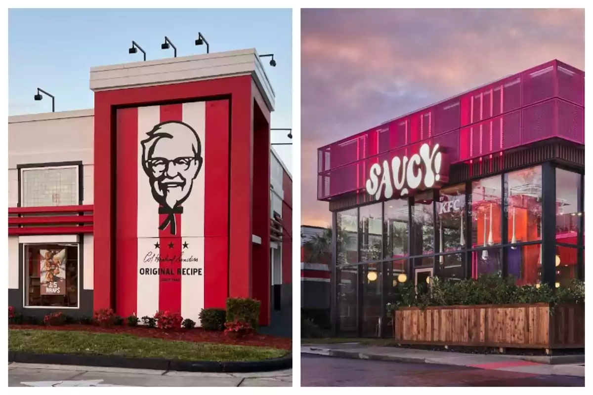 Two fast food restaurant buildings with modern and colorful designs, one of them is KFC and the other is Saucy. Two fast food restaurant buildings with modern and colorful designs, one of them is KFC and the other is Saucy.
