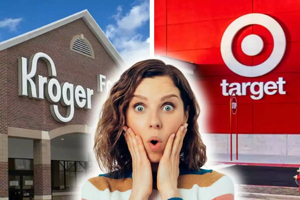 Una mujer con expresión de sorpresa está en primer plano, con los logos de Kroger y Target en el fondo.