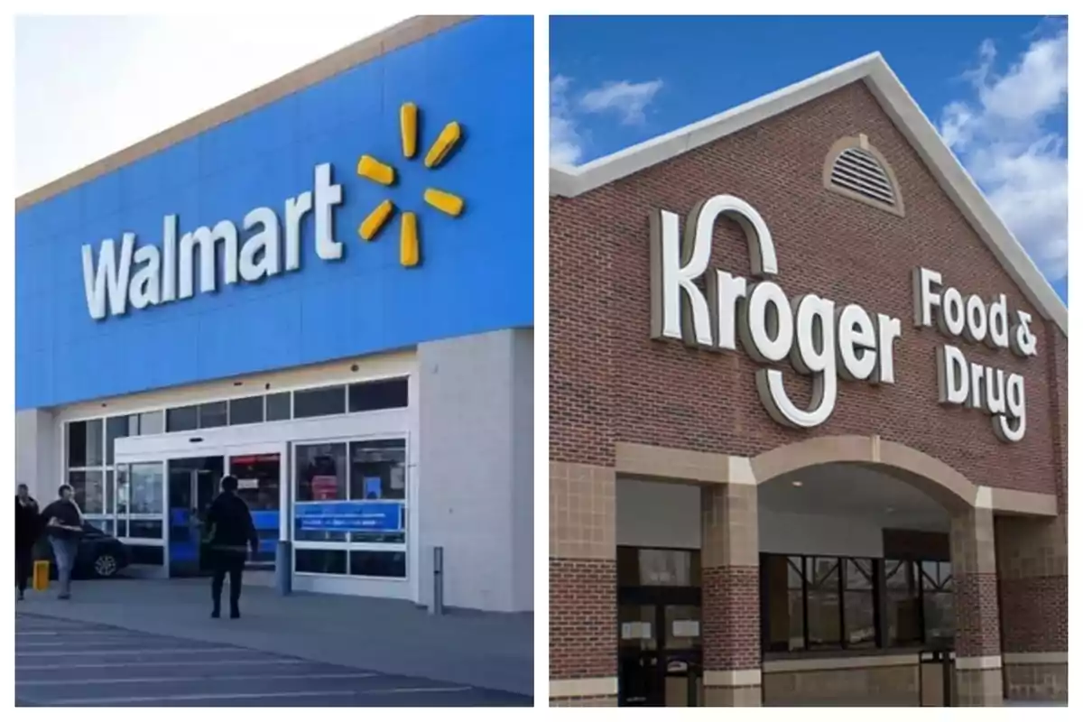 Montaje de fotos de dos fachadas de dos supermercados, uno es Walmart y otro es Kroger. Montaje de fotos de dos fachadas de dos supermercados, uno es Walmart y otro es Kroger.