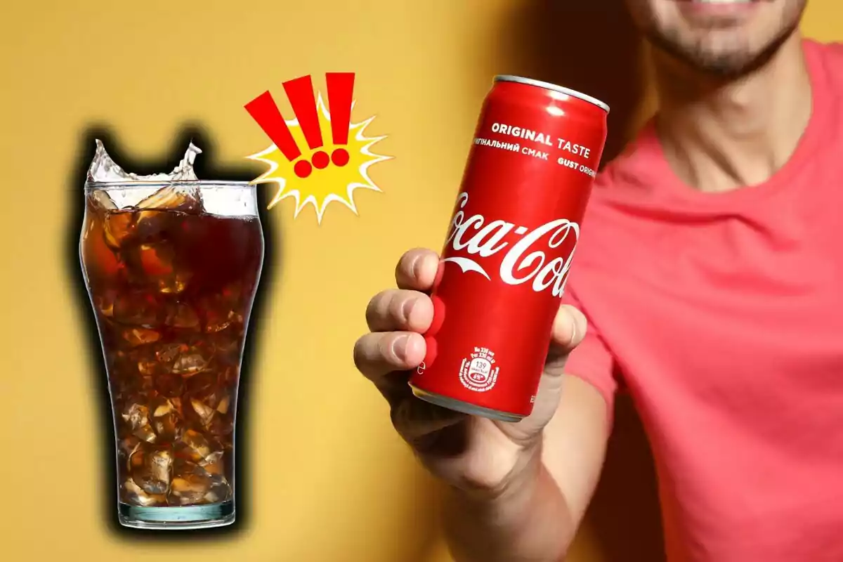 Una persona sostiene una lata de refresco roja mientras un vaso lleno de bebida con hielo está al lado con un fondo amarillo y un gráfico de exclamación. Una persona sostiene una lata de refresco roja mientras un vaso lleno de bebida con hielo está al lado con un fondo amarillo y un gráfico de exclamación.