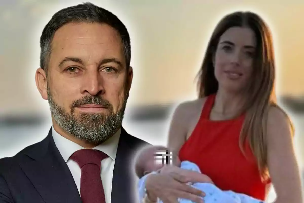 Montaje de fotos de primer plano de Santiago Abascal con barba y traje junto a Lídia Bedman con vestido rojo que sostiene a un bebé.