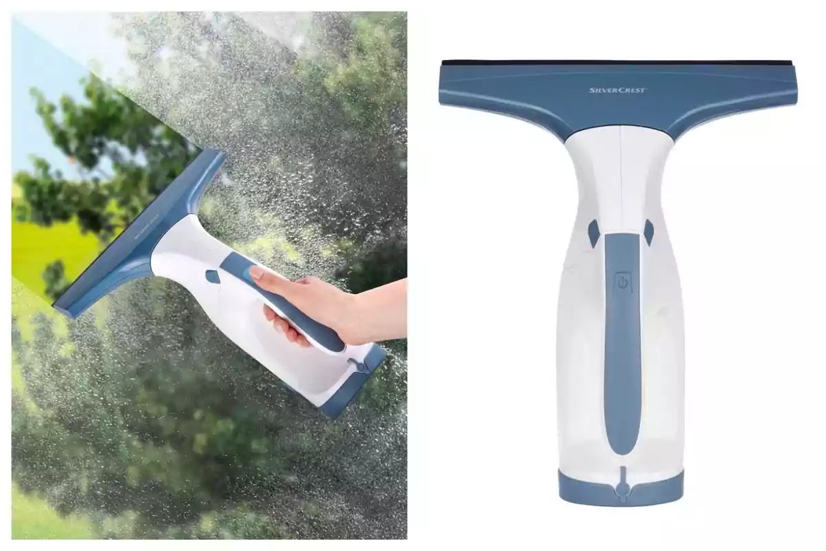 Montaje de fotos de un dispositivo limpiacristales eléctrico de Lidl, de color azul y blanco, en uso y en vista detallada. Montaje de fotos de un dispositivo limpiacristales eléctrico de Lidl, de color azul y blanco, en uso y en vista detallada.