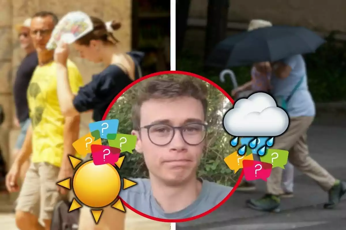 Una persona con gafas en el centro de la imagen, rodeada de iconos de sol y lluvia, con dos escenas de fondo: una de personas caminando bajo el sol y otra de personas caminando bajo la lluvia.