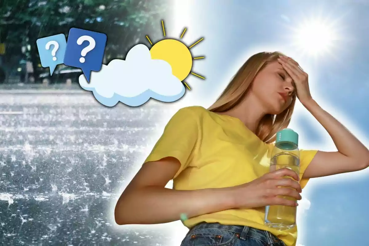 Mujer con camiseta amarilla sosteniendo una botella de agua bajo el sol, con expresión de cansancio, junto a un fondo dividido entre lluvia y sol con iconos de clima y signos de interrogación. Mujer con camiseta amarilla sosteniendo una botella de agua bajo el sol, con expresión de cansancio, junto a un fondo dividido entre lluvia y sol con iconos de clima y signos de interrogación.