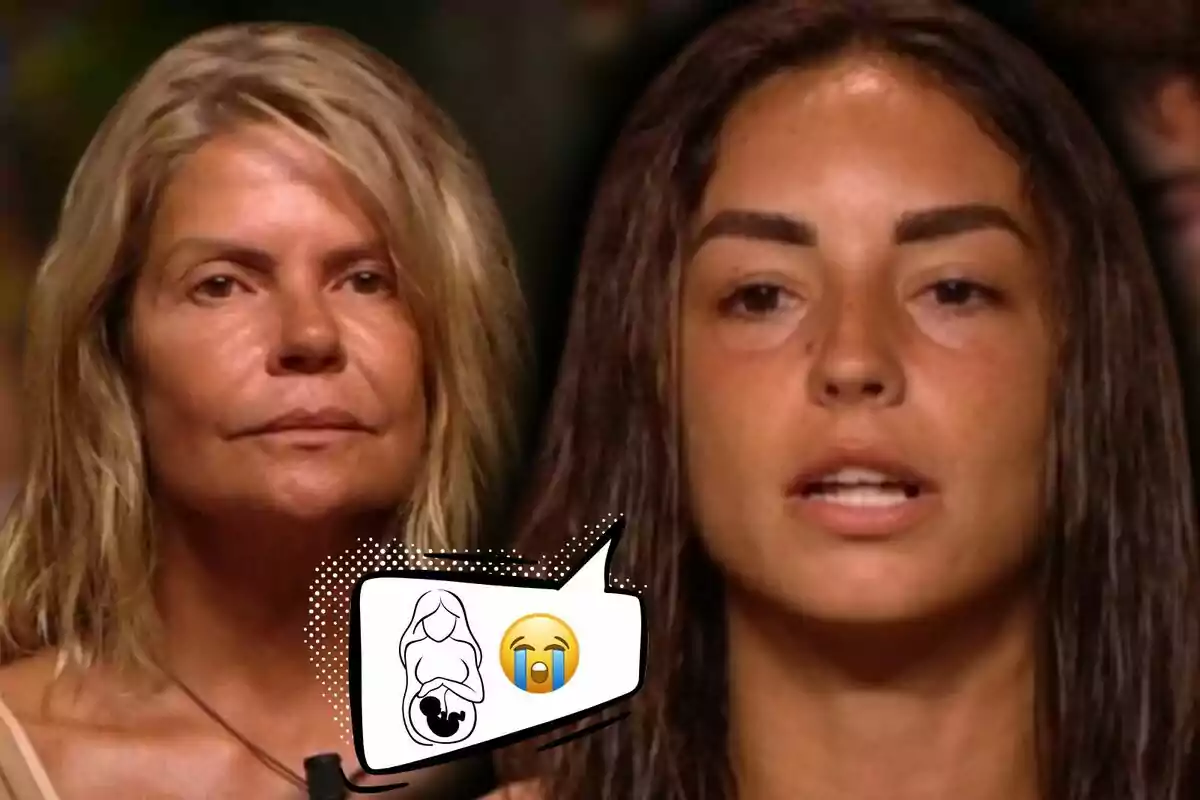 Montaje de fotos de primer plano de Makoke y Anita Williams, ambas con rostro serio, y un gráfico de burbuja con el dibujo de una mujer embarazada y un emoji llorando.
