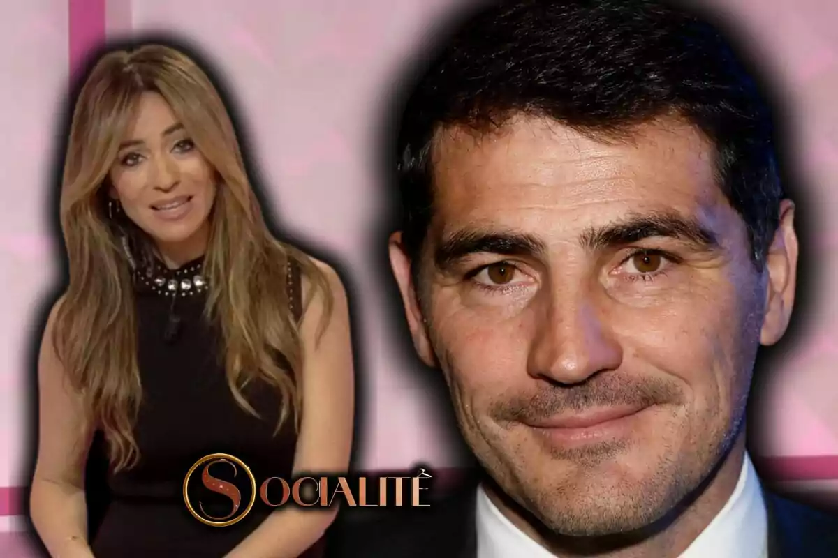 Montaje de fotos de primer plano de Íker Casillas y María Verdoy con el logo del programa "Socialité" al lado.