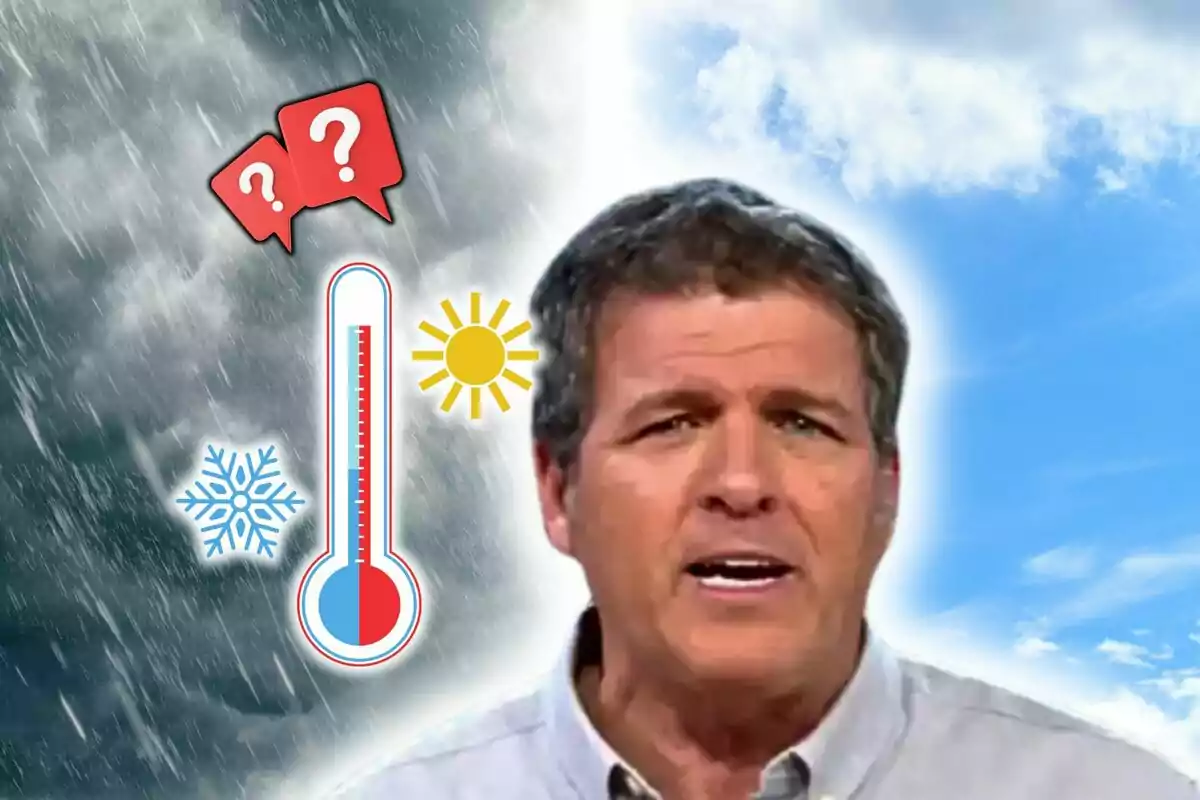 Montaje de fotos de Mario Picazo frente a un fondo dividido entre cielo despejado y lluvia intensa con iconos de temperatura, sol, copo de nieve y signos de interrogación. Montaje de fotos de Mario Picazo frente a un fondo dividido entre cielo despejado y lluvia intensa con iconos de temperatura, sol, copo de nieve y signos de interrogación.