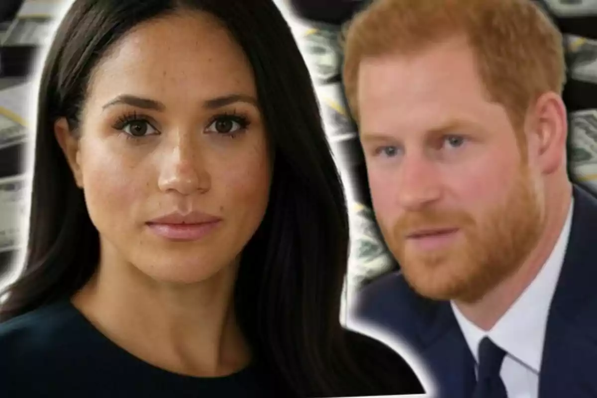 Close-up photo montage of Meghan Markle and Prince Harry, both with serious expressions and an image of dollars in the background. Close-up photo montage of Meghan Markle and Prince Harry, both with serious expressions and an image of dollars in the background.