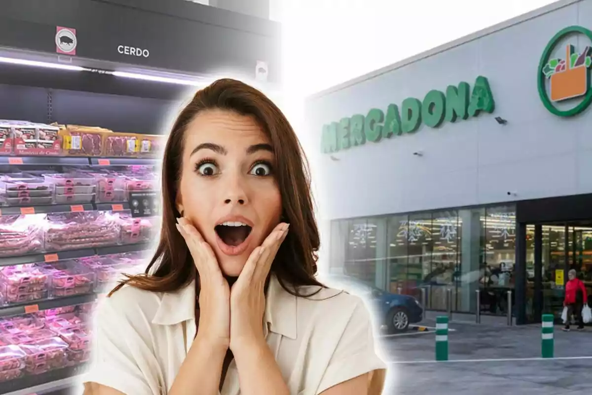 Una mujer con expresión de sorpresa frente a un supermercado Mercadona y una imagen de su sección de carne de cerdo.