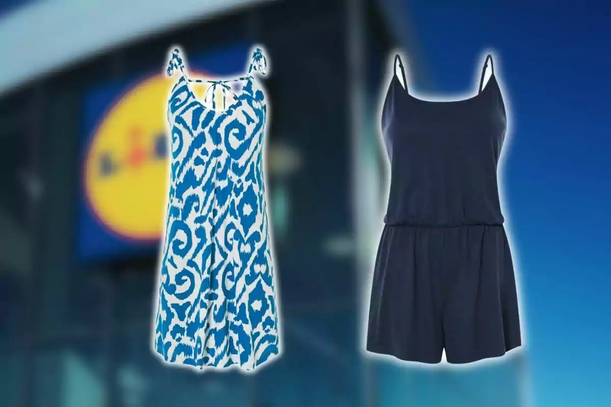 Dos prendas de ropa de verano para mujer, un vestido azul con blanco de tirantes y un mono corto azul marino, sobre un fondo desenfocado de una tienda Lidl. Dos prendas de ropa de verano para mujer, un vestido azul con blanco de tirantes y un mono corto azul marino, sobre un fondo desenfocado de una tienda Lidl.
