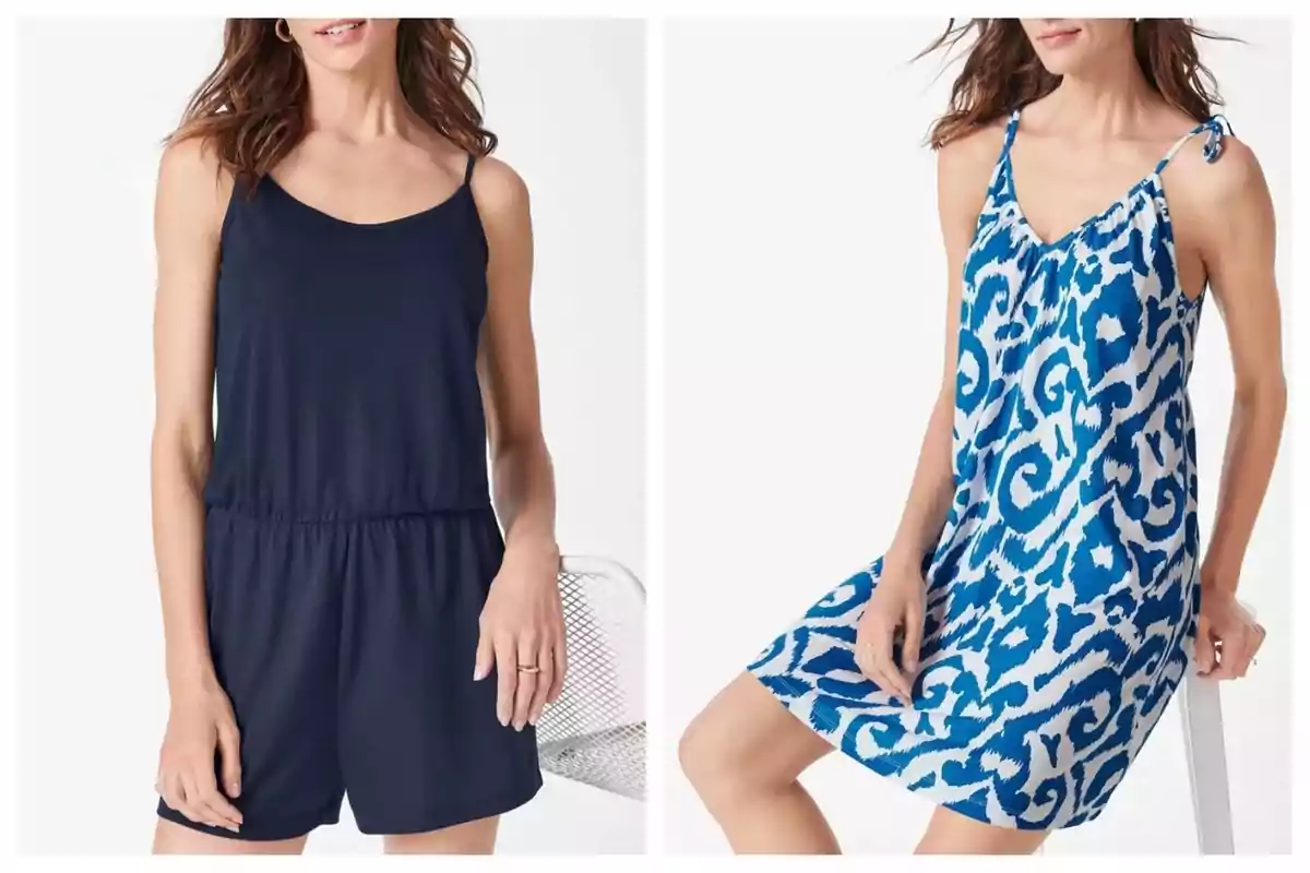 Dos mujeres posan usando ropa veraniega una lleva un romper azul marino y la otra un vestido corto con estampado azul y blanco de Lidl. Dos mujeres posan usando ropa veraniega una lleva un romper azul marino y la otra un vestido corto con estampado azul y blanco de Lidl.