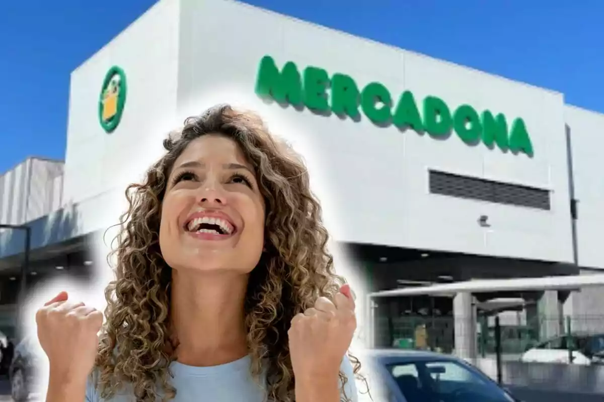 Montaje de fotos de una persona sonriente con el puño levantado en señal de alegría frente a un supermercado de Mercadona.