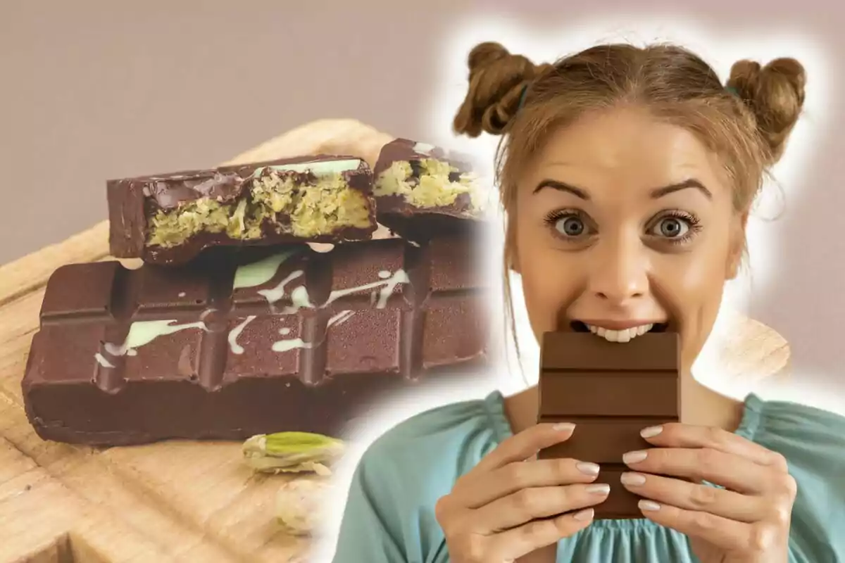 Mujer disfrutando de una barra de chocolate con relleno sobre una tabla de madera. Mujer disfrutando de una barra de chocolate con relleno sobre una tabla de madera.