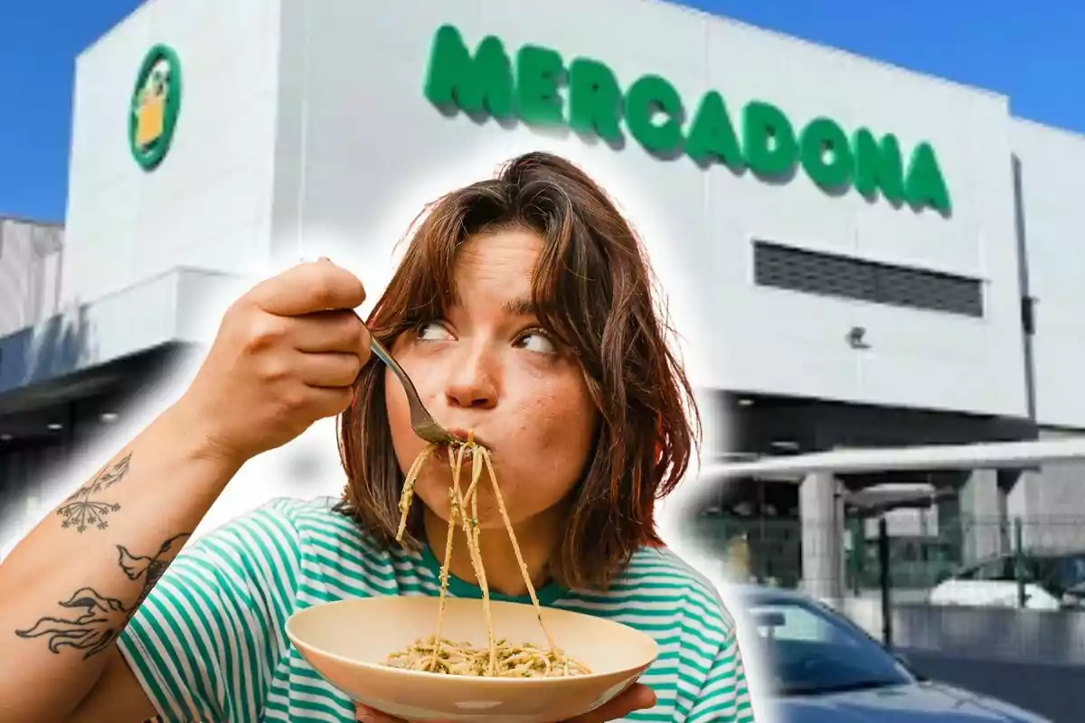 Montaje de fotos de una mujer comiendo espaguetis frente a un supermercado Mercadona.