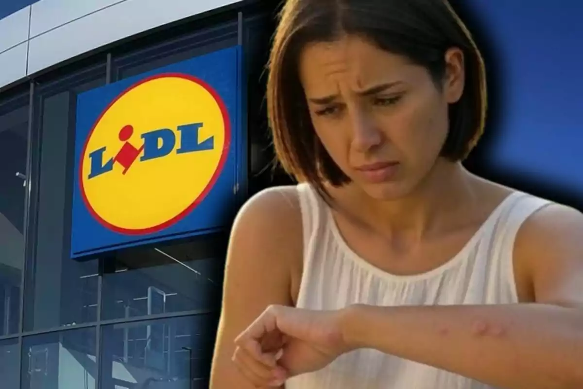 Una mujer con expresión preocupada mira su brazo lleno de picaduras de mosquito mientras está superpuesta sobre una imagen de una tienda Lidl.