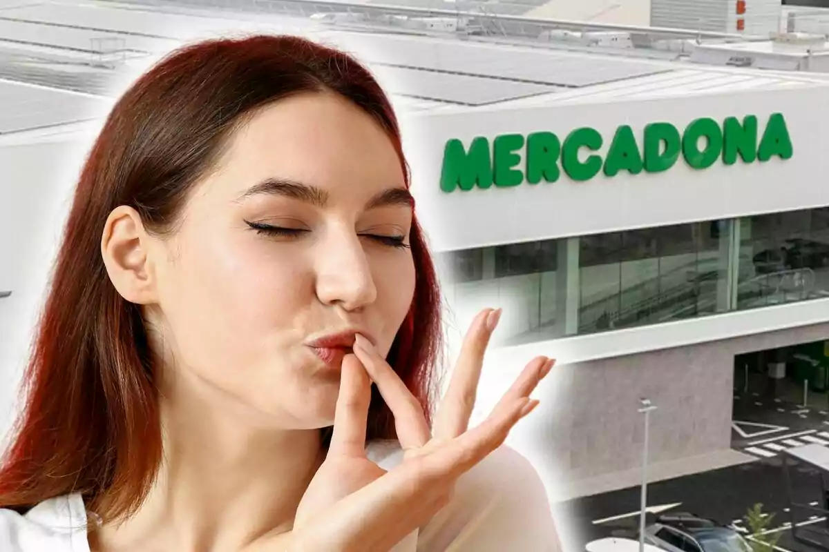 Una mujer con expresión de satisfacción está frente a un edificio con el logo de Mercadona.