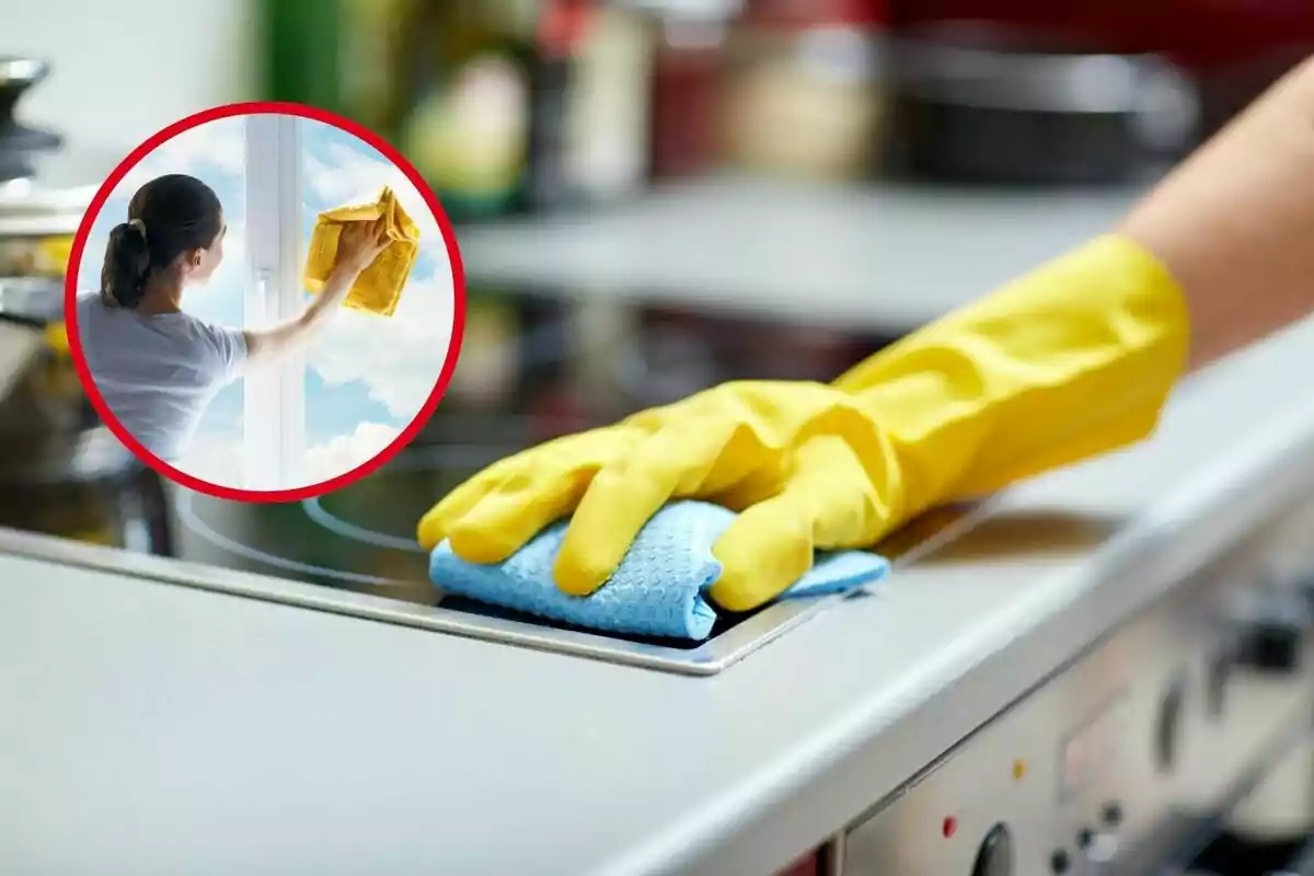 Persona limpiando una estufa con guantes amarillos y un paño azul, con un recuadro que muestra a otra persona limpiando una ventana con un paño amarillo. Persona limpiando una estufa con guantes amarillos y un paño azul, con un recuadro que muestra a otra persona limpiando una ventana con un paño amarillo.