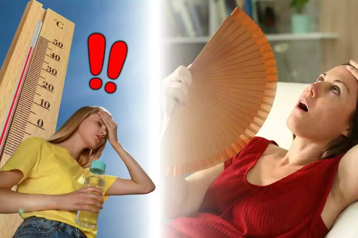 Dos mujeres muestran signos de malestar por el calor extremo, una sostiene una botella de agua junto a un termómetro alto y la otra se abanica en el interior. Dos mujeres muestran signos de malestar por el calor extremo, una sostiene una botella de agua junto a un termómetro alto y la otra se abanica en el interior.
