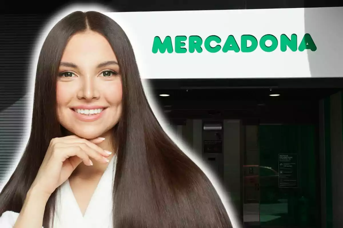 Mujer sonriente con cabello largo y lacio frente a una tienda Mercadona.